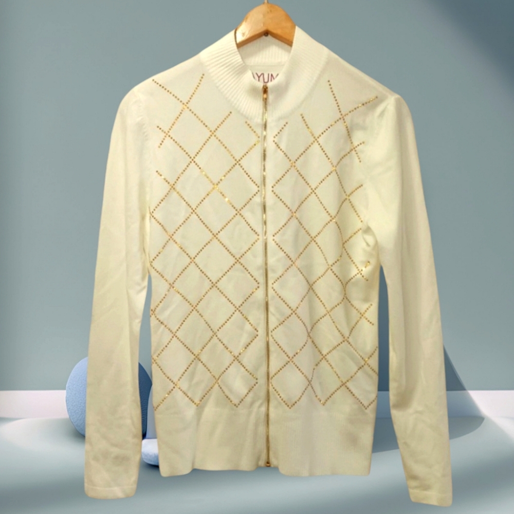 - ZIPPER FRONT SWEATER WITH GOLD RIVETS